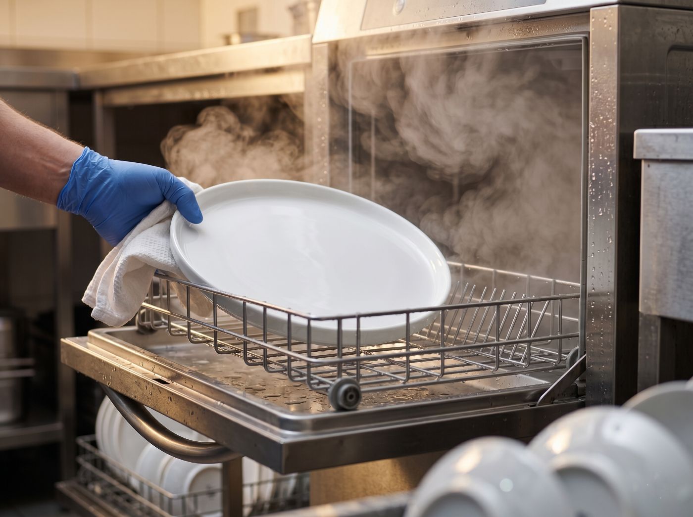 A Fourier plate lifted from a steaming commercial dishwasher line